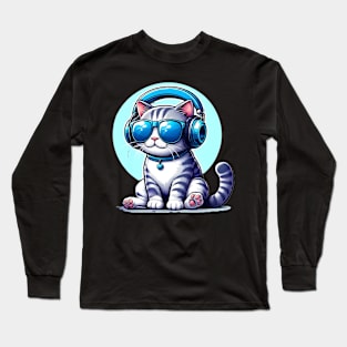 Cute cat wearing blue headphone and sunglass enjoying music Long Sleeve T-Shirt